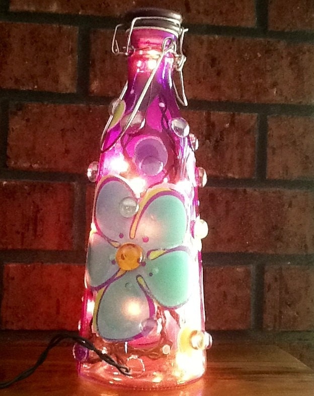 Purple Flower Power Bottle Light, Night Light, Bottle Lamp, Great for Girl's Room, Unique Gift