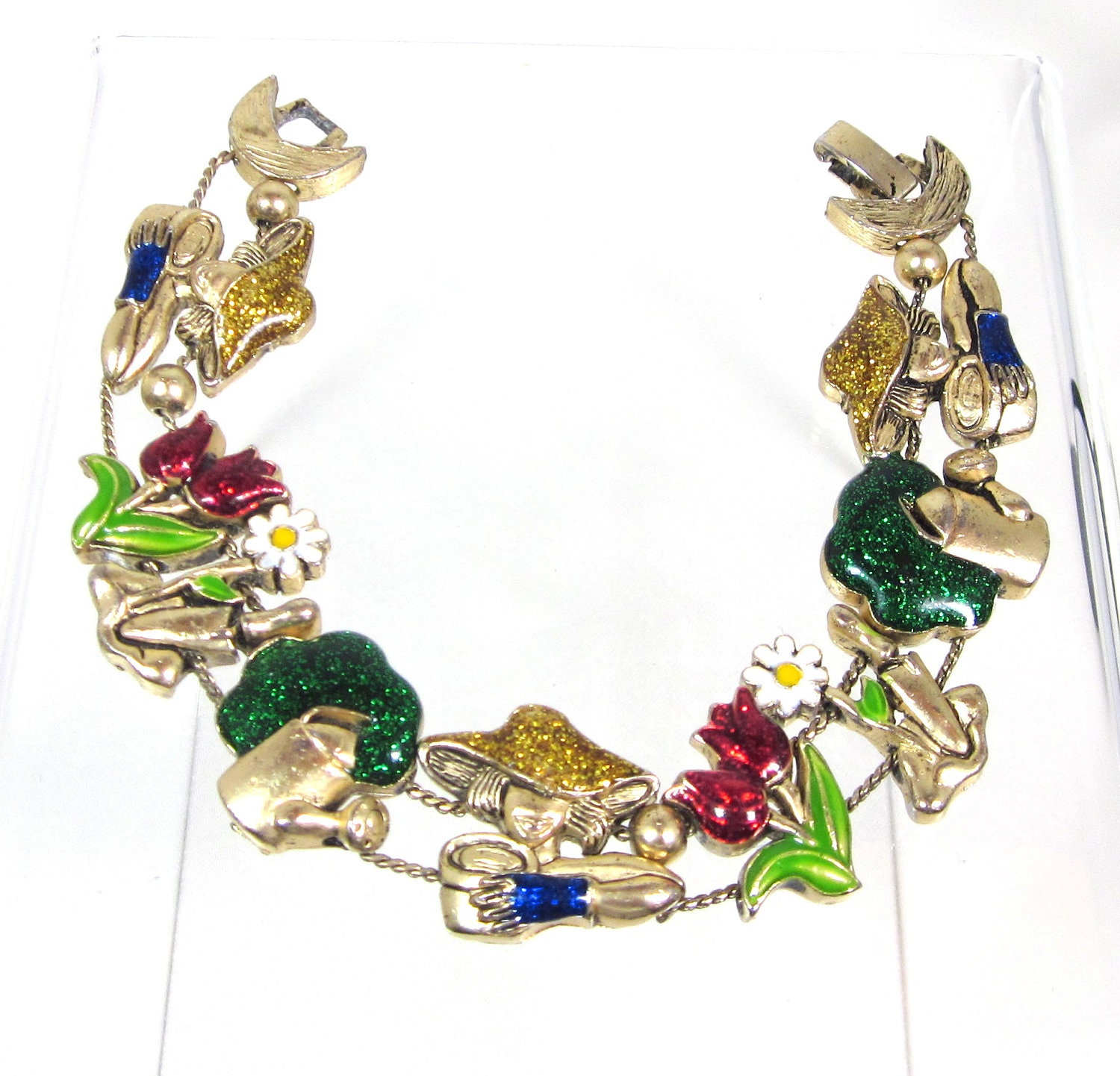 Vintage Enamel Slide Bracelet with Art Deco Lady Gardener