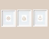 Nautical Print 11x14, many choices, Anchor, Captain's Wheel,Sailboat, Lighthouse in cloud blue and oatmeal by YassisPlace
