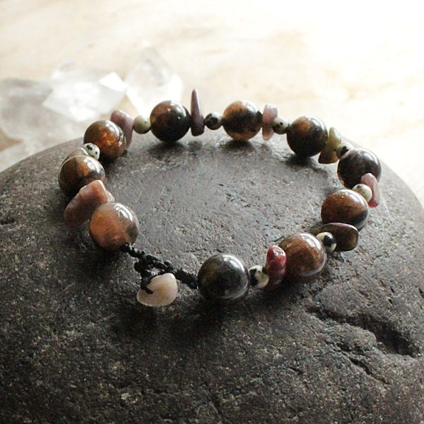 Gemstone Bracelet in brown tones - Chiastolite beaded crystal healing jewelry, organic feel, without metal