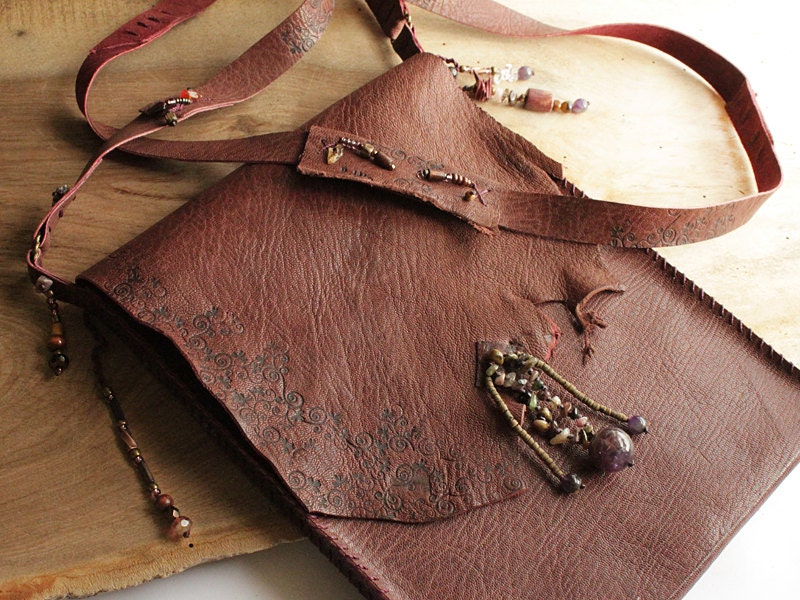 iPad bag, iPad case, leather wrapper sleeve with shoulder strap in burgundy leather, talisman style accessory
