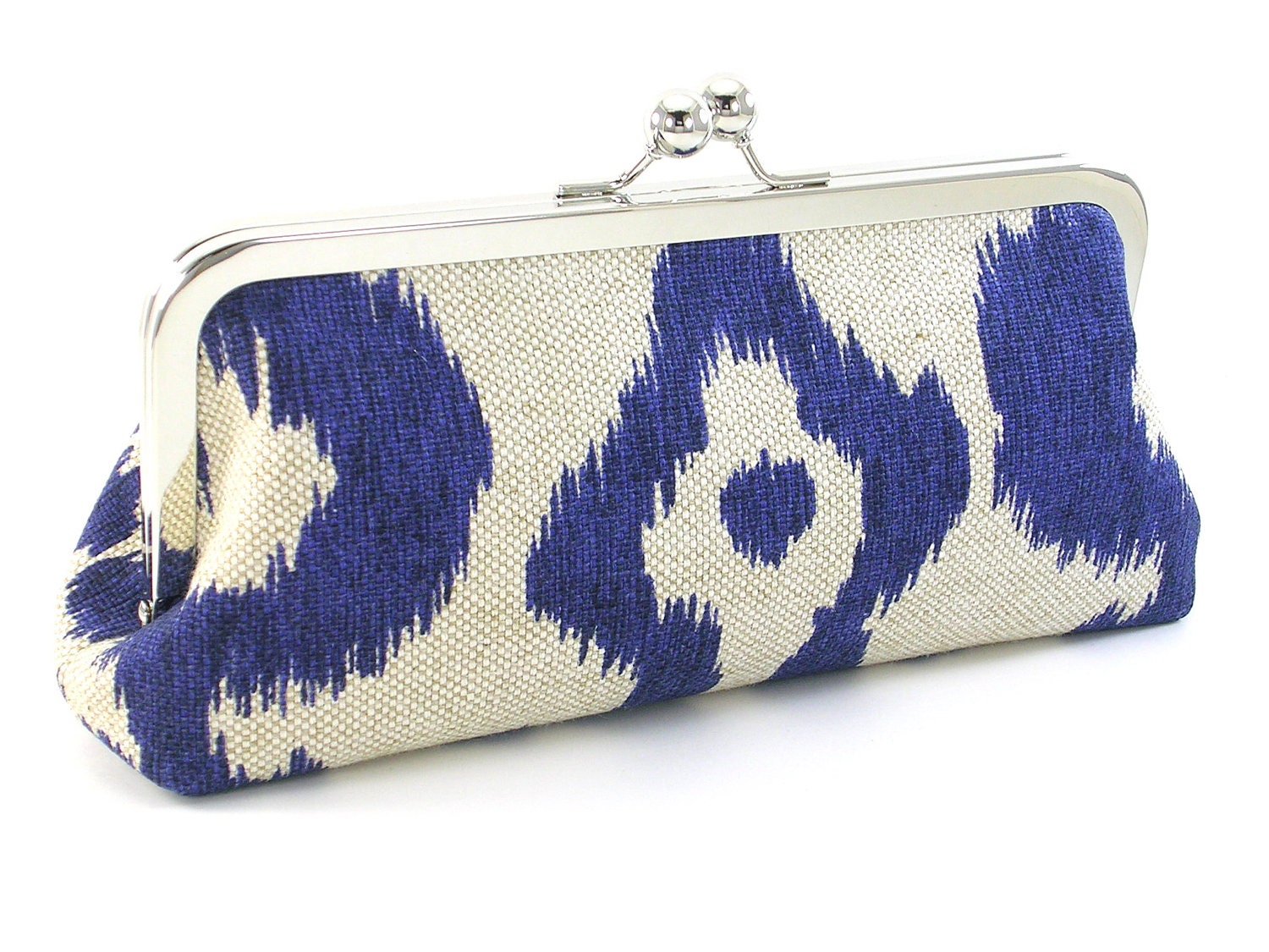 Blue Ikat Clutch Purse Metal Frame Handbag Boho Bag Handmade