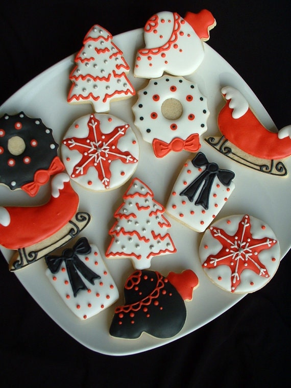 Christmas Holiday cookies - 1 dozen black white and red Christmas cookies - SweetArtSweets