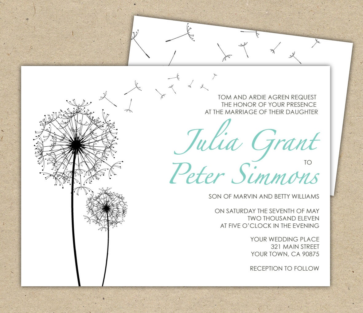 Modern Wedding Invitation and RSVP- Customize with your colors. dandelion, summer (1015-2)