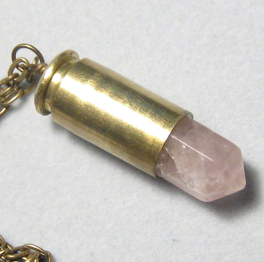Rose Quartz Crystal Brass Bullet Necklace