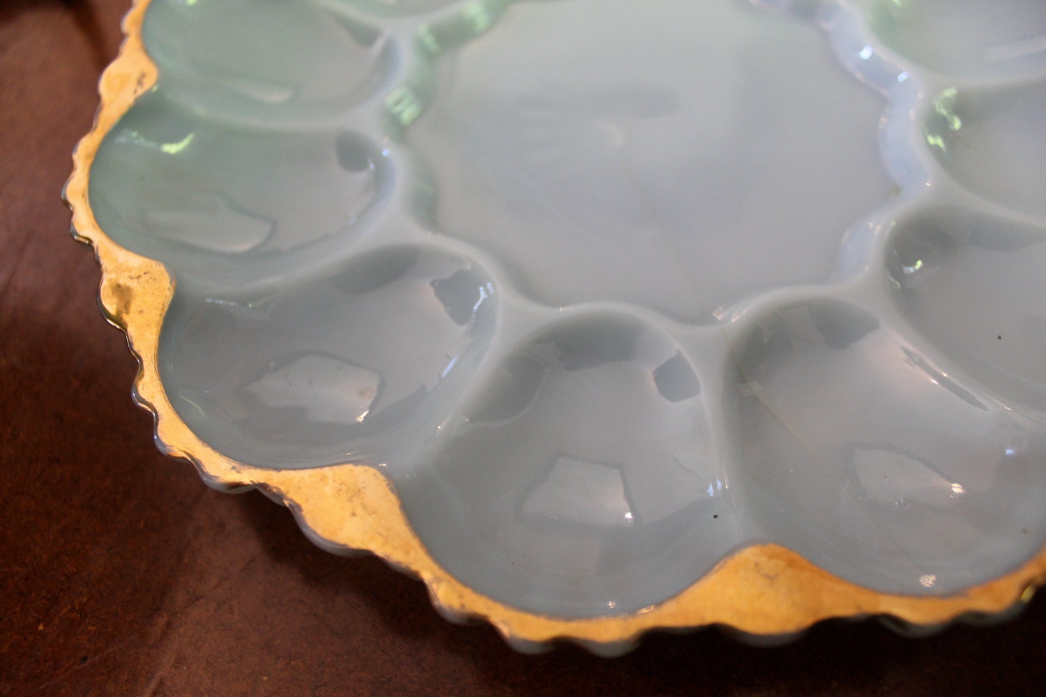 Vintage Blue Milk Glass Deviled Egg Dish with Gold Rim