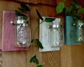 Beach Side Trio Three Mason jars mounted on recycled wood shabby chic rustic wall decor
