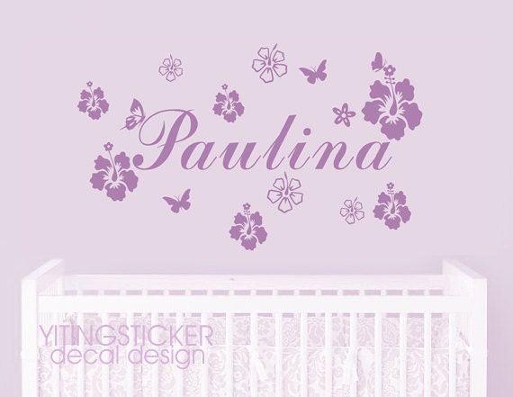 Hibiscus Flowers Butterfly name decal-new design decor wall sticker art deco