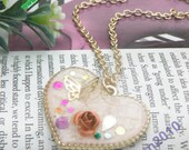 Pretty gold heart with brown flower butterfly necklace pendant jewelry vintage style