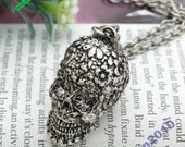 Pretty retro silver 3d skull necklace with flower pattern pendant jewelry punk style