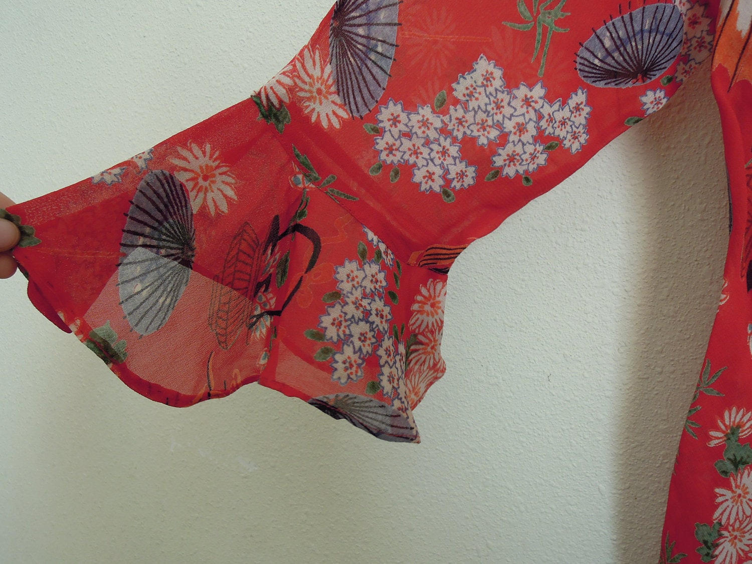 SALE Vtg 90s Sheer Cherry Blossom Parasol Red Ruffle Blouse