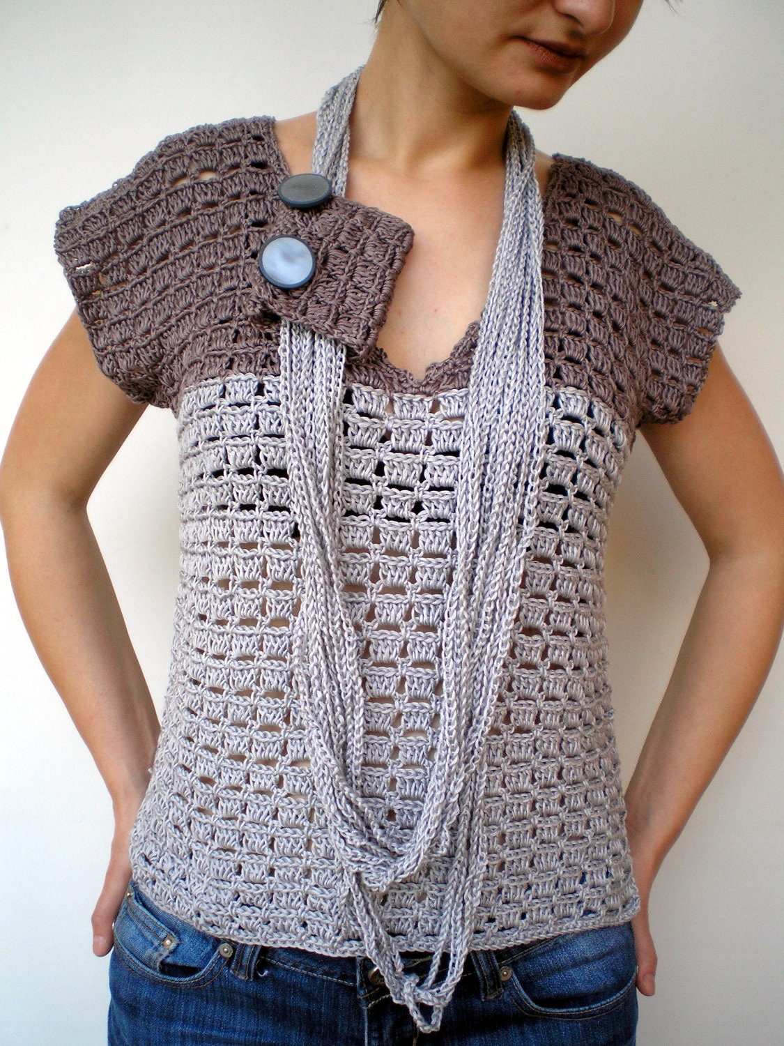 Lace  Fashion Double Grey Short Sleaves Sweater Hand Crocheted   Cotton Woman Top Summer Vest   NEW