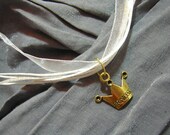Gold Princess Crown on White Fancy Ribbon Necklace - Handmade by Rewondered D225F-00003