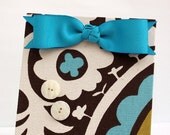 Magnetic Message Board, Free Standing, Magnet Photo Holder, Linen Turquoise Tan Suzani Fabric, Turquoise Bow, cream button magnets