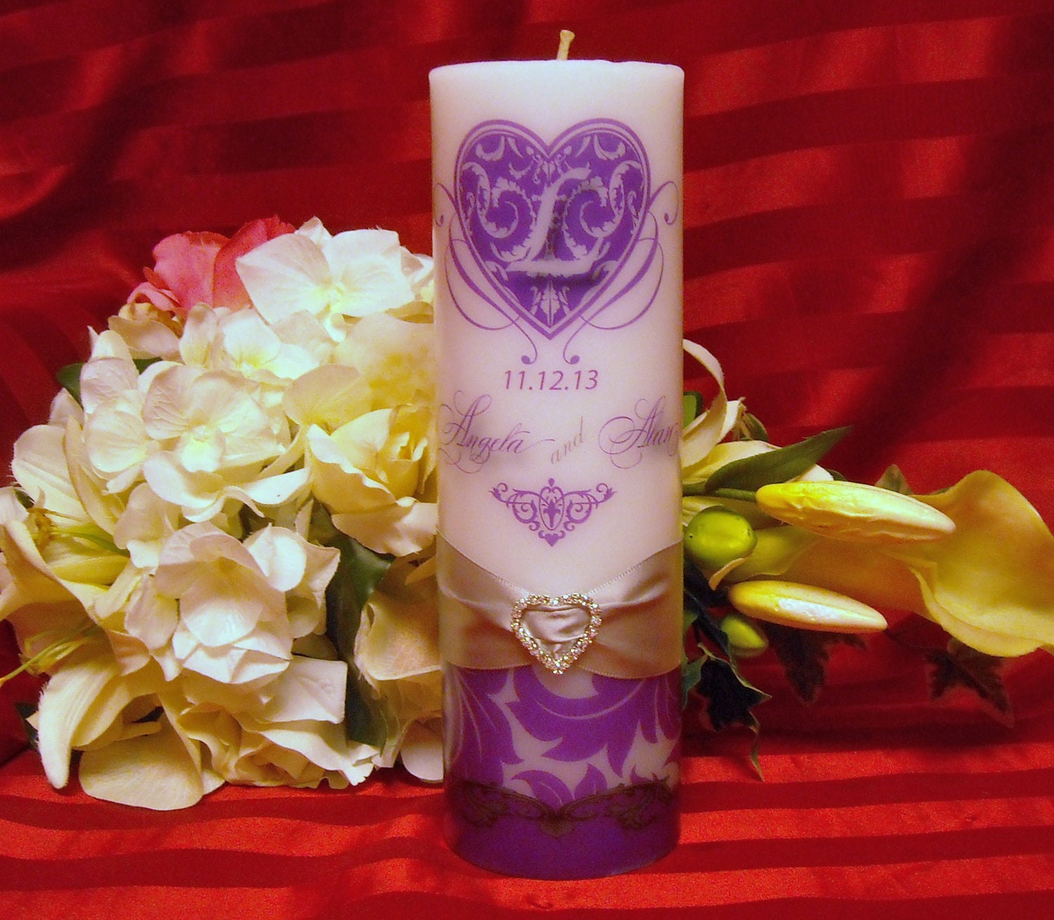 Unity Candle With Tapers Monogram Heart/Flourish Design - 10 colors available