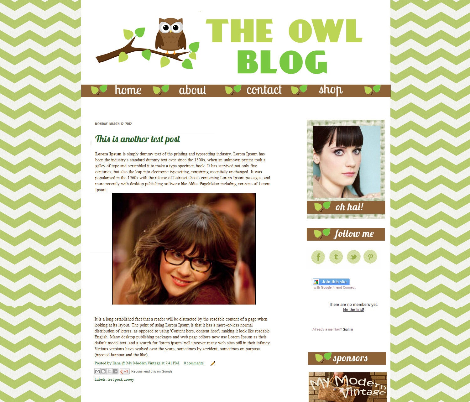 Premium Premade Blog Design Template for Blogger- The OWL Blog in Green Chevron- OOAK
