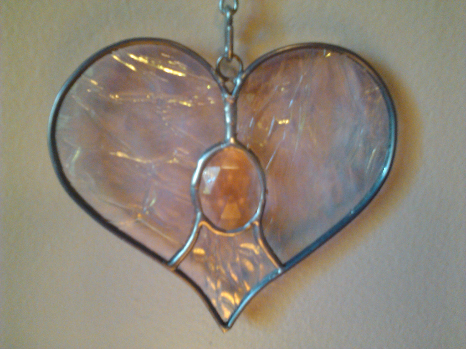 Stained Glass Pink Heart, Iridescent Crinkle Glass, Crystal Pink Jewel, Love Valentines Day, Handcrafted Window Decoration