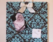 Magnetic French Memo Board - Turquoise and Brown Damask with Magnets - LAST ONE - Ready To Ship