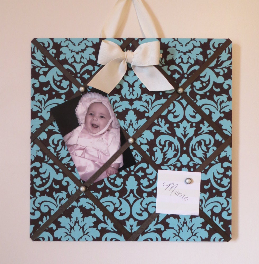 Magnetic French Memo Board - Turquoise and Brown Damask with Magnets - LAST ONE - Ready To Ship