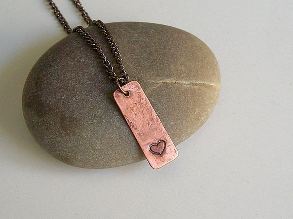 Rustic Heart Stamped Copper Charm on Antiqued Copper Chain Necklace