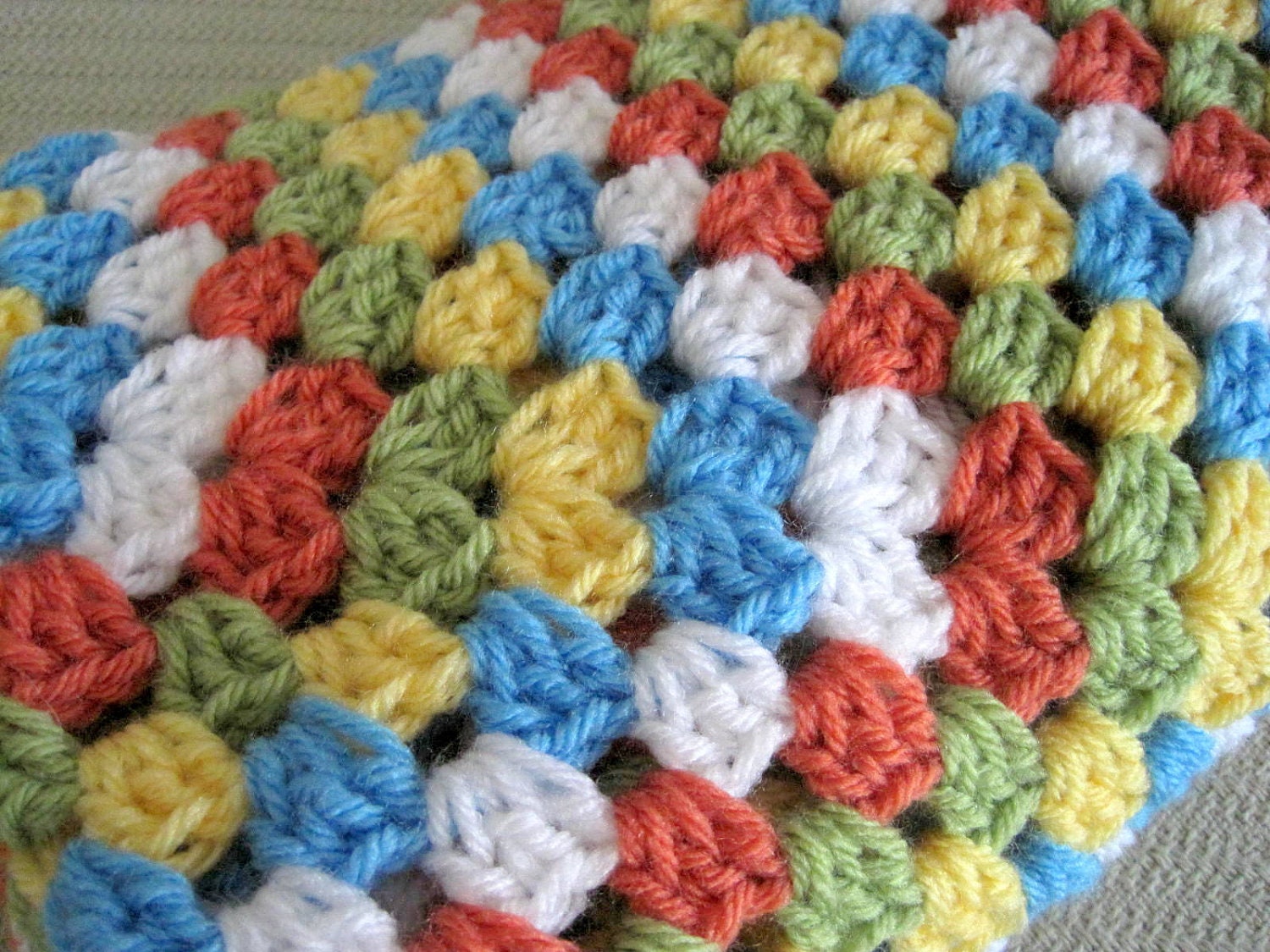 Crochet baby blanket granny square afghan blue green white orange yellow crib stroller handmade baby boy girl