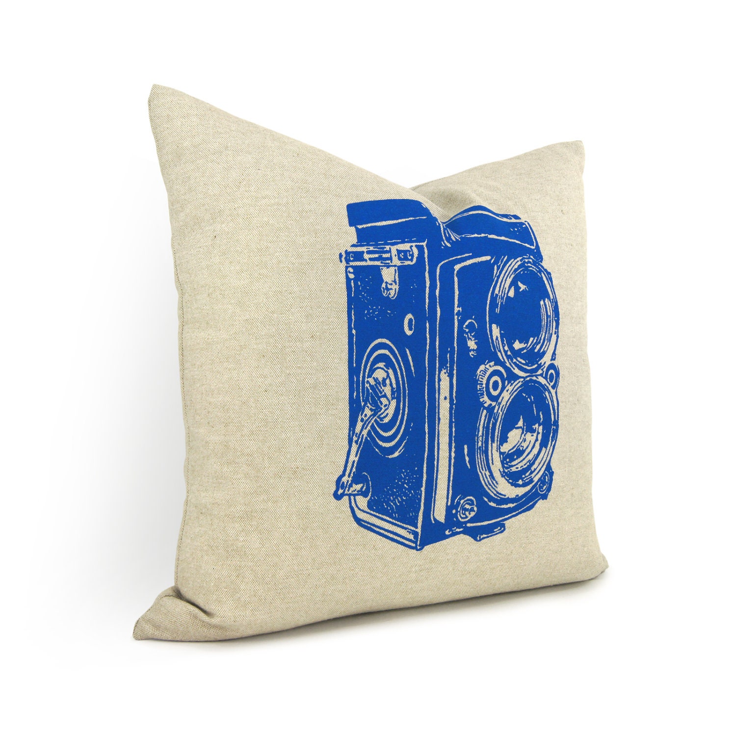 Camera pillow cover, 16x16 decorative throw pillow cover, Natural beige pillow, Industrial decor - Primary blue antique camera pillow case