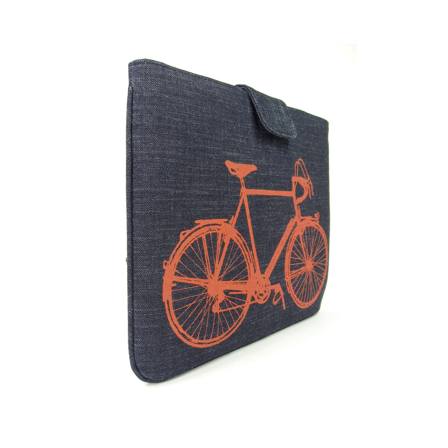IPad case - Orange vintage bicycle print on dark blue denim for iPad 1 or iPad 2 & 3 with or without smart cover - Urban padded iPad sleeve