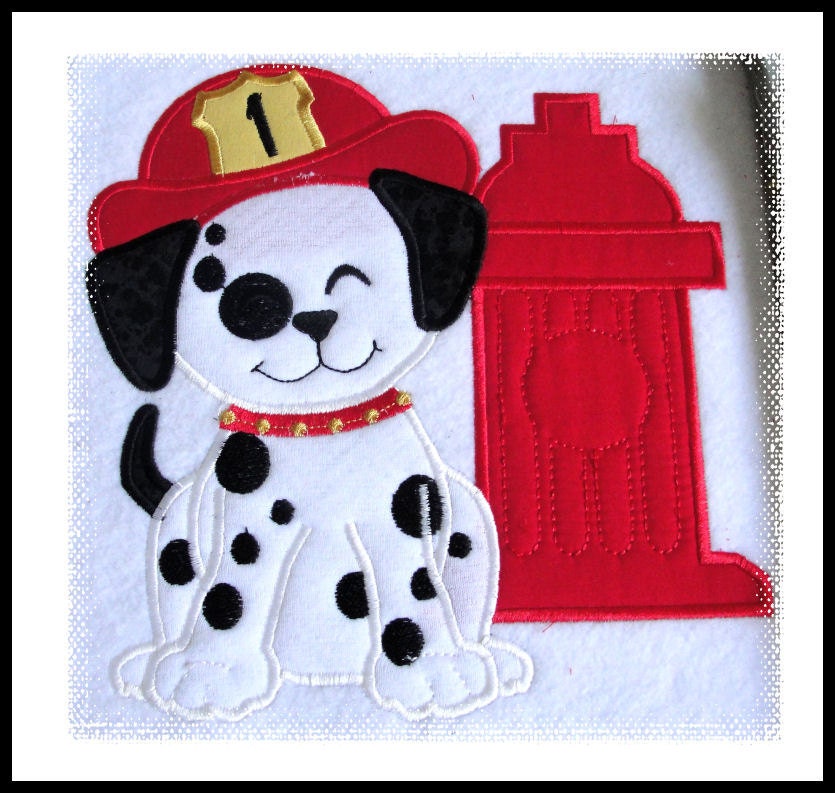 Dalmatian Puppy plain and with fire department hat and hydrant, machine applique files separately for hoop 4x4, 5x7 and 6x10