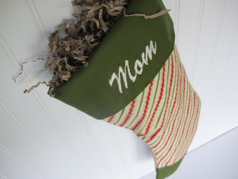 Striped Christmas stocking - Custom stocking with embroidered monogram - dark colors with green toe and cuff