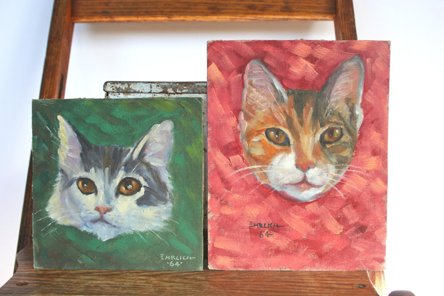 Two Vintage Cat Portrait Paintings: 1960s Quirky Pop Folk Art
