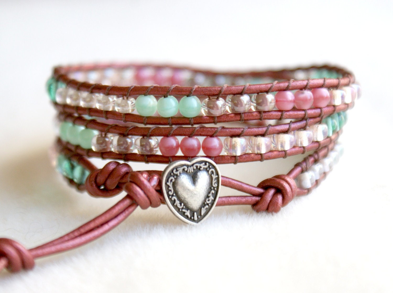 Pastel mix Boho beaded leather wrap bracelet, 3x Wrap, Chan Luu Style, green, pink, rose, mint, beige, silver heart