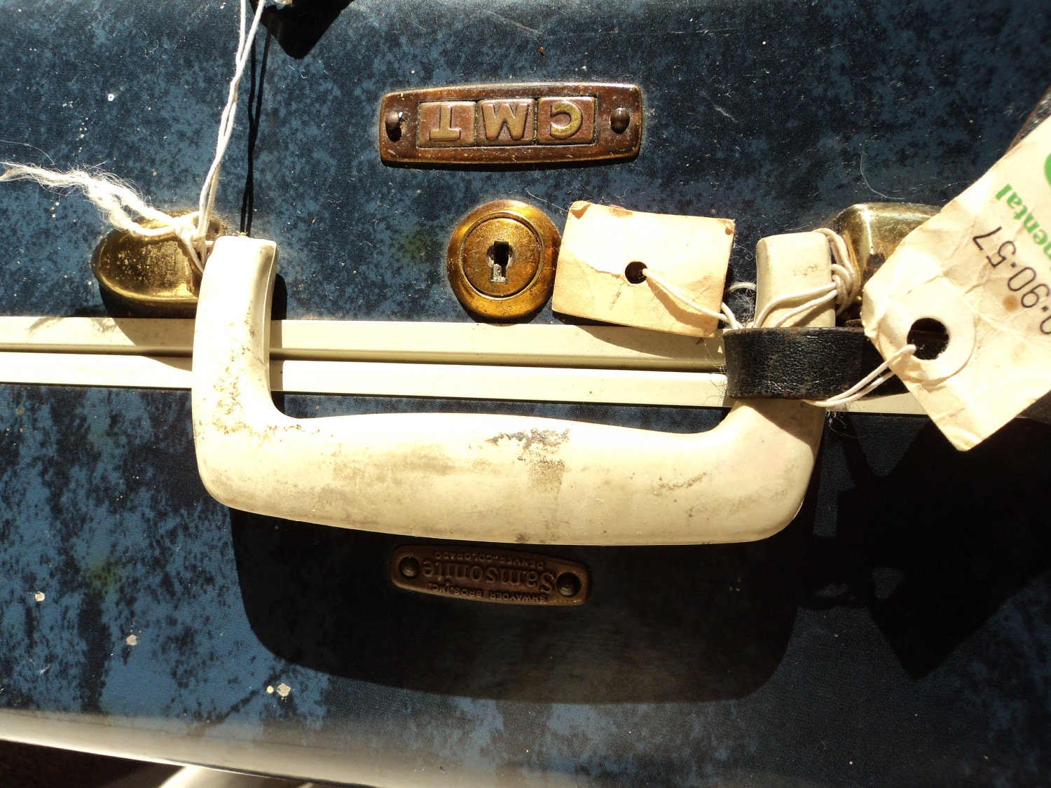 vintage blue marble suitcase with white and brass trim samsonite