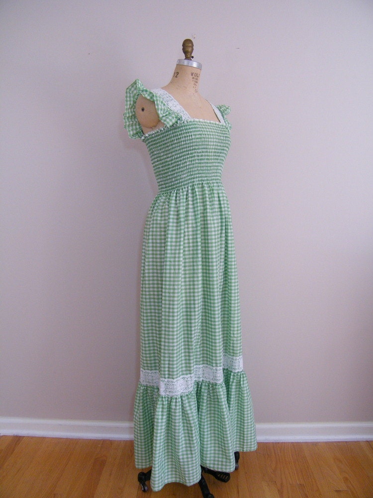 Vintage 1960s Maxi Dress / Green and White Gingham Hippie Dress