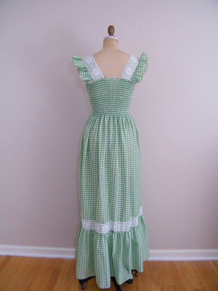 Vintage 1960s Maxi Dress / Green and White Gingham Hippie Dress