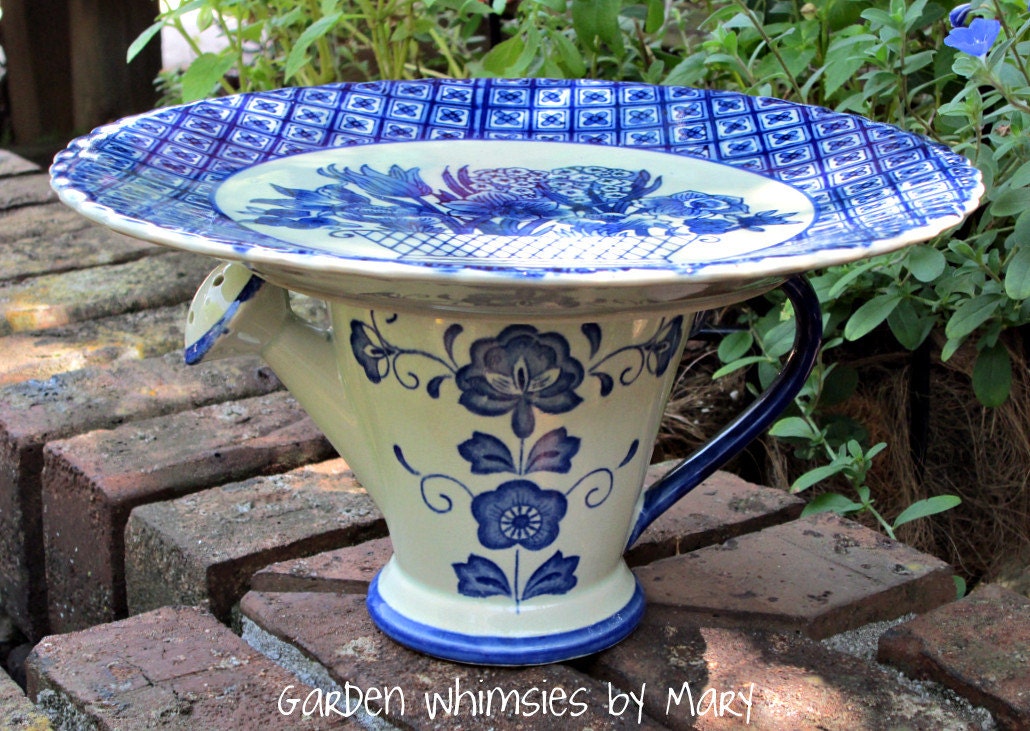 Blue and White Cake / Cupcake / Cloche Pedestal Stand / Bird Feeder - As Featured In Flea Market Gardens Magazine