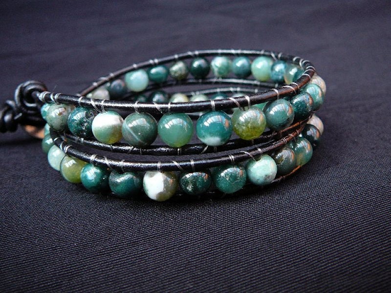 Black leather bracelet with green Moss Agate gemstone beads  - Healing stone -  Free shipping to CANADA and USA