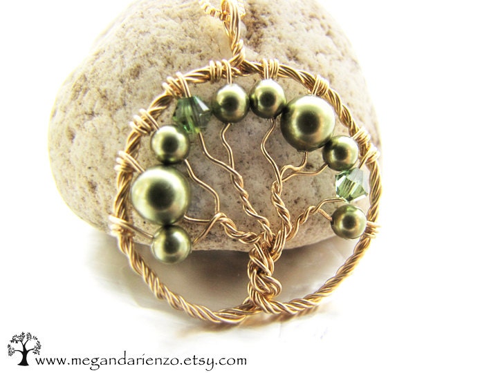 Olive Green Pearl Tree of Life Necklace- Gold Filled and Swarovski Elements