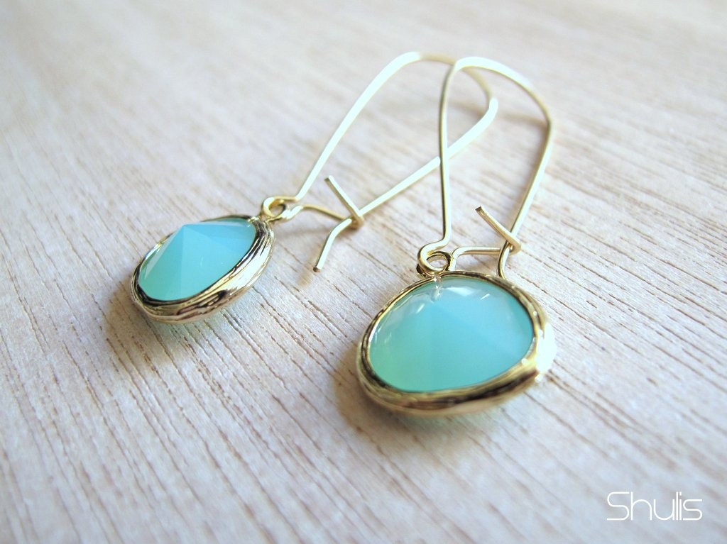 Gold Framed Mint Opal Dangle Earrings