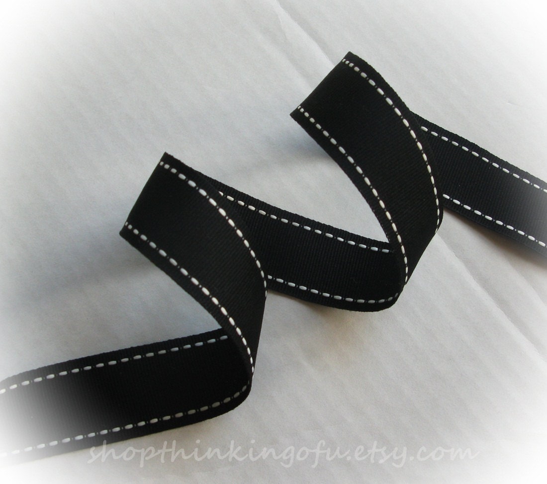 NEW -- 1" BLACK w/ White Saddle Stitch Grosgrain Ribbon (5 yards)