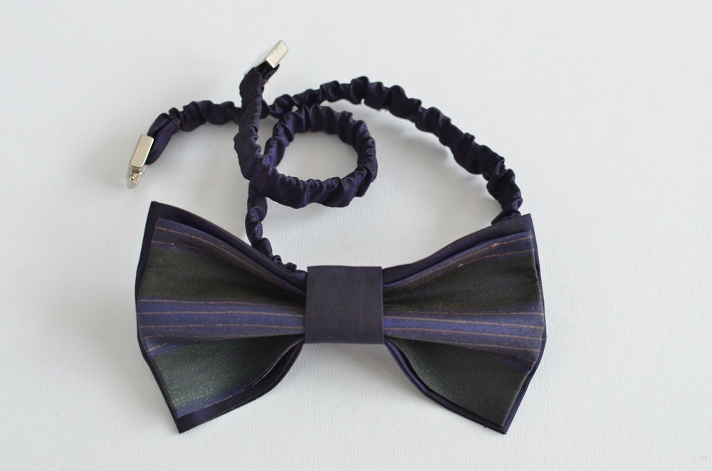 Bow Tie Silk Brown Pretied - Bow Tie Silk Navy Pretied Handpainted - Handmade Men Accessories - OOAK Ready To Ship