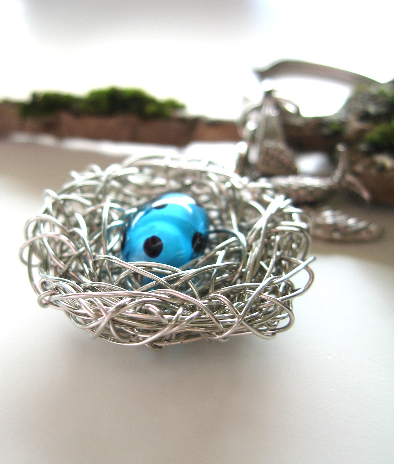 Speckled Egg Nest Silver Bird Venetian glass, new mothers jewelry and accessories, gift for grandmother, mom