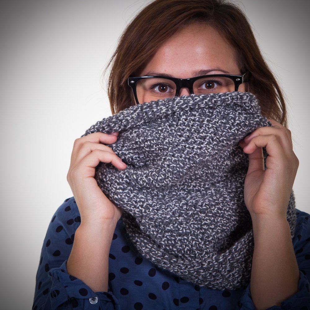 Thin Knit Gray and White Mix Snood Scarf