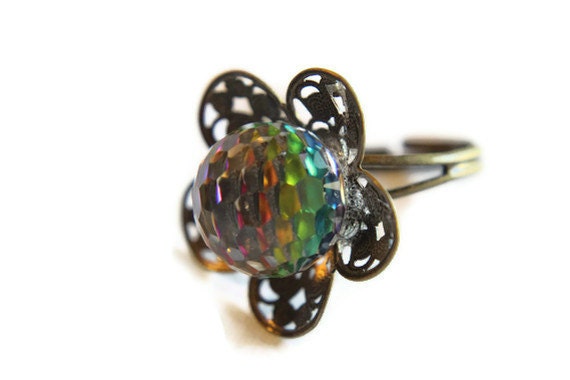 Swarovski Rainbow Crystal Ball Flower Gypsy Mystical Ring (adjustable)