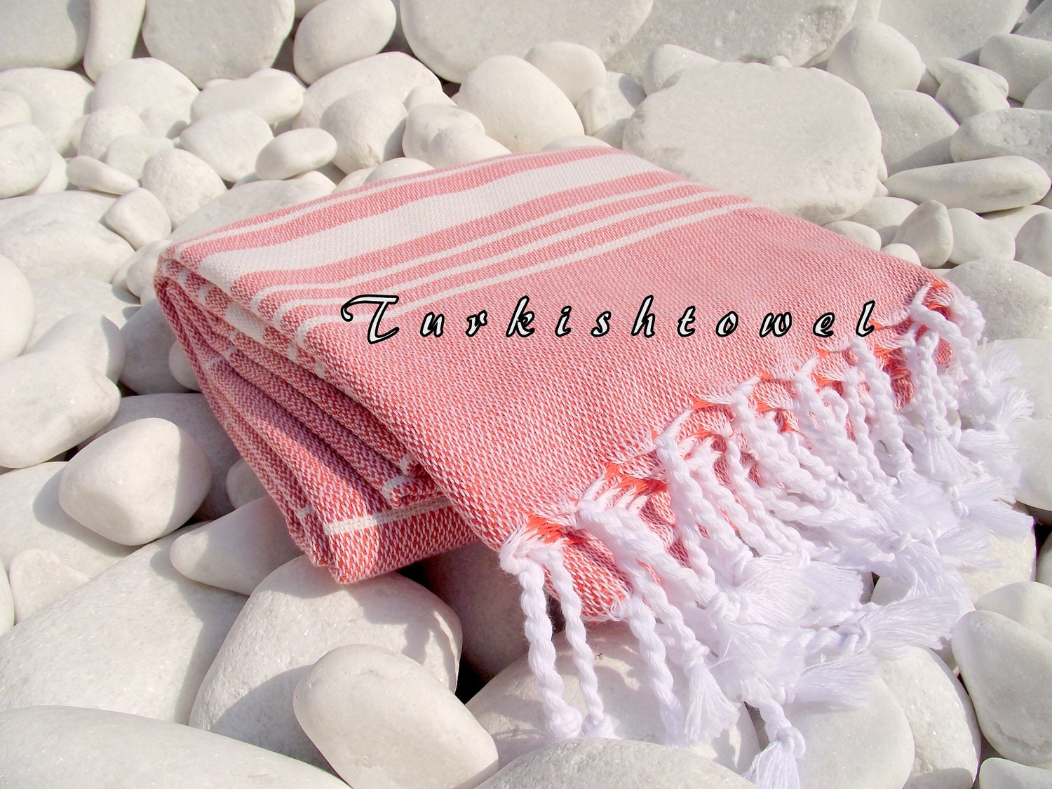 Turkishtowel-Soft-High Quality,Hand Woven,Cotton Bath,Beach,Pool,Spa,Yoga,Travel Towel or Sarong-Ivory Stripes on Powder Peach