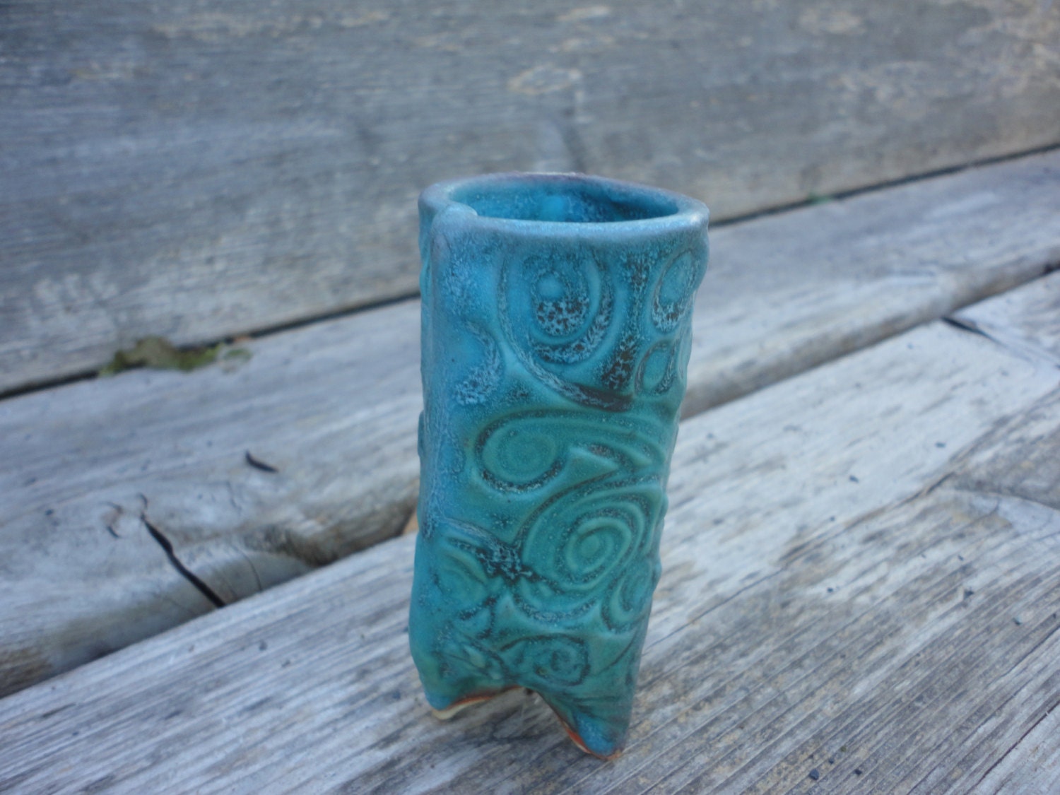 Pottery Three legged handbuilt textured vase in  turquoise