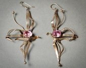 Pair of Vintage huge metalwork earrings, handmade metal earrings with pink glass crystal rhinestones.