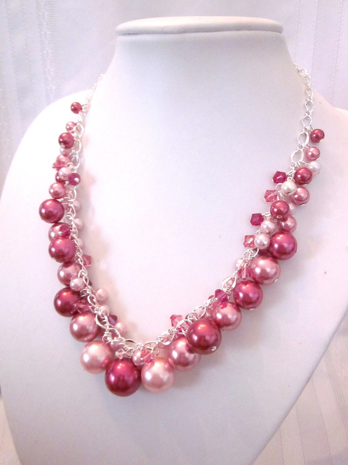 Shades of Rose Pearl and Crystal Cluster Necklace - Chunky, Choker, Bib, Necklace, Wedding, Bridal, Bridesmaid - CreationsbyCynthia1