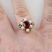 Vintage 1973 Traditional Regency Signed Avon Roseglow Goldtone Gold Tone Faux Pearl Ruby Red Rhinestone Adjustable 5 to 6 Ring