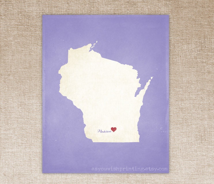 Customized Wisconsin 8 x 10 State Art Print, State Map, Heart, Silhouette, Aged-Look Print