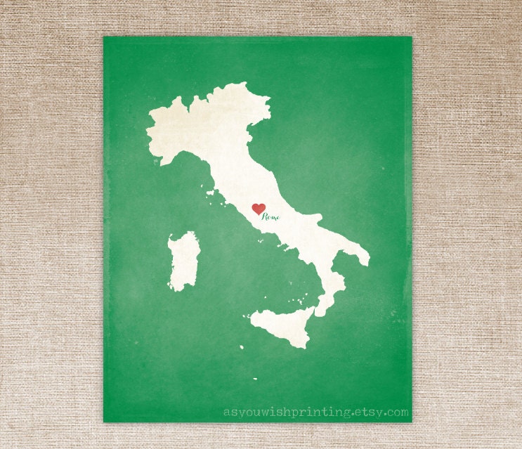 Customized Italy 8 x 10 Country Art Print, Country Map, Heart, Silhouette, Aged-Look Print